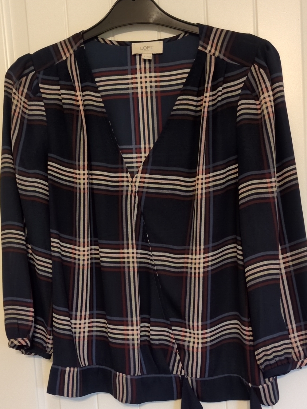 LOFT Navy Plaid Wrap Blouse with Cream and Burgundy Stripes